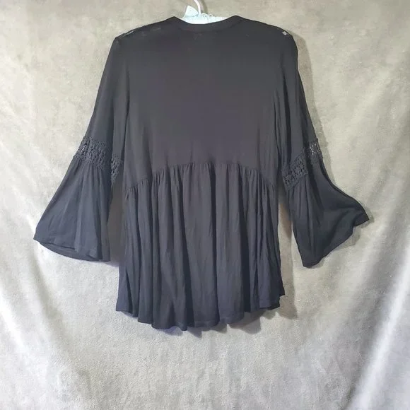 John Paul Richard Button Down Boho Bell Sleeve Overshirt w/Lace Black S - Picture 4 of 9